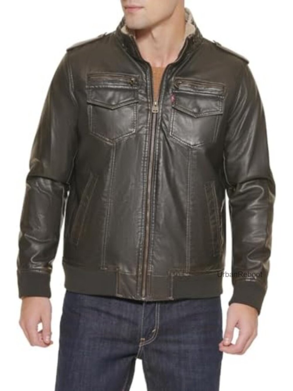 Faux Leather Aviator Bomber Jacket Sherpa Lined Military